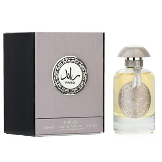 Lattafa Perfume Ra'ed Silver EDP 100 ml — produto e embalagem; grande plano; sobre fundo branco; enquadramento mais próximo