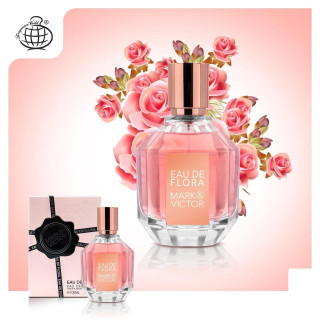 Fragrance World EAU de Flora Mark Victor EDP 100 ml — товар в стилизованной композиции; крупный план; с цветами