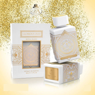 Fragrance World Glorious Oud Royal Blanc EDP 80 ml — tuotepakkaus; lähikuva; vaalealla taustalla