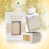 Fragrance World Glorious Oud Royal Blanc EDP 80 ml — tuotepakkaus; lähikuva; vaalealla taustalla