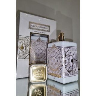 Fragrance World Glorious Oud Royal Blanc EDP 80 ml — tuote ja pakkaus; erittäin tiukka lähikuva; valkoisella taustalla