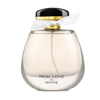 Fragrance World Real Love In White EDP 100 ml — produkto vaizdas; visa kompozicija; baltame fone