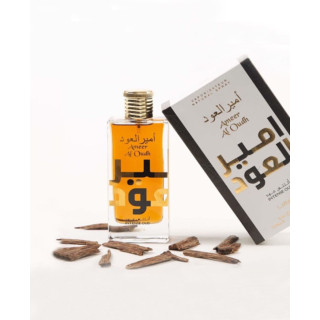 Lattafa Perfume Ameer Al Oudh Intense EDP 100 ml — produs și ambalaj; compoziție completă; pe fundal alb
