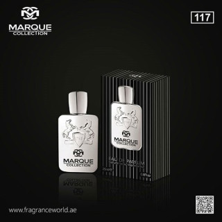 Fragrance World Marque 117 EDP 25 ml — producto y embalaje; primer plano; sobre fondo oscuro
