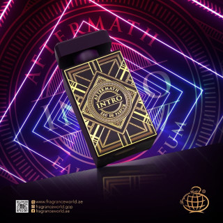 Fragrance World Intro Aftermath EDP 80 ml — productweergave; zeer nabije close-up; op een donkere achtergrond; ruimste kadrering