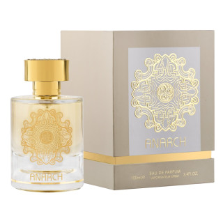 Lattafa Perfume Anarch EDP 100 ml — toode ja pakend; väga lähivõte; valgel taustal; kõige laiem kadreering