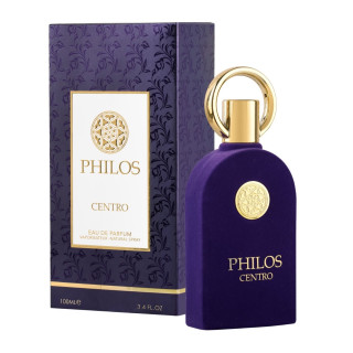 Lattafa Perfume PHILOS CENTRO EDP 100 ml — toode ja pakend; lähivaade; valgel taustal