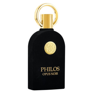 Lattafa Perfume PHILOS OPUS NOIR EDP 100 ml — изображение товара; крупный план; на белом фоне; самый широкий кадр