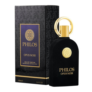 Lattafa Perfume PHILOS OPUS NOIR EDP 100 ml — упаковка товара; крупный план; на белом фоне