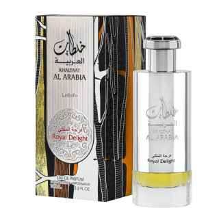 Lattafa Perfume Khaltaat Al Arabia Royal Delight EDP 100 ml — produktvisning; nærbilde; på hvit bakgrunn; tetteste utsnitt