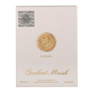 Lattafa Perfume Opulent Musk EDP 100 ml — produktvisning; meget tæt nærbillede; på hvid baggrund