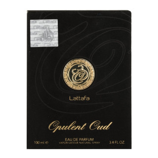 Lattafa Perfume Opulent Oud EDP 100 ml — toote vaade; väga lähivõte; valgel taustal; keskmine kadreering