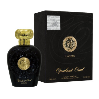 Lattafa Perfume Opulent Oud EDP 100 ml — toote vaade; väga lähivõte; valgel taustal; kõige laiem kadreering