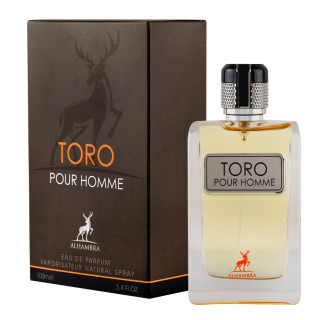 Lattafa Perfume Toro EDP 100 ml — товар и упаковка; очень крупный план; на белом фоне