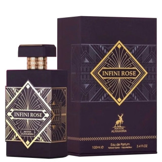 Lattafa Perfume INFINI ROSE EDP 100 ml — embalaje del producto; primerísimo plano; sobre fondo blanco; encuadre más cercano