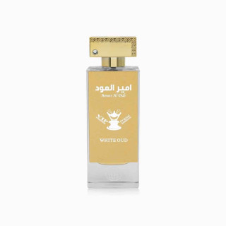Ameer Al Oud VIP White Oud EDP 100 ml — emballage du produit; composition complète; sur fond blanc; cadrage le plus large