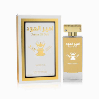 Ameer Al Oud VIP White Oud EDP 100 ml — emballage du produit; composition complète; sur fond blanc; cadrage le plus rapproché