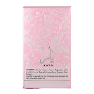 Lattafa Perfume Yara EDP 100 ml — упаковка товара; крупный план; на белом фоне