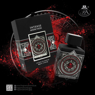Fragrance World Intense Addiction Extrait de Parfum 100 ml — упаковка товара; крупный план; на тёмном фоне