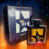 Fragrance World Star Men Nebula EDP 100 ml — товар и упаковка; очень крупный план; на тёмном фоне