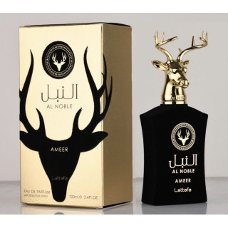Lattafa Perfume Ameer Al Noble EDP 100 ml — упаковка товара; очень крупный план; на белом фоне; самый близкий кадр