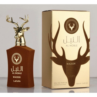 Lattafa Perfume Wazeer Al Noble EDP 100 ml — товар и упаковка; очень крупный план; на белом фоне