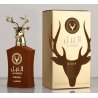 Lattafa Perfume Wazeer Al Noble EDP 100 ml — produktas ir pakuotė; stambus planas; baltame fone