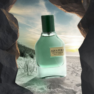 Fragrance World Aqua Pura EDP 70 ml — product in a styled setting; tight close-up; outdoors; widest framing