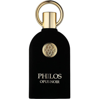 Lattafa Perfume PHILOS OPUS NOIR EDP 100 ml — изображение товара; крупный план; на белом фоне; средний план