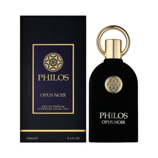 Lattafa Perfume PHILOS OPUS NOIR EDP 100 ml — изображение товара; крупный план; на белом фоне; самый близкий кадр
