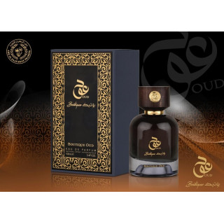 Lattafa Perfume Boutique Oud EDP 100 ml — produktas ir pakuotė; stambus planas; baltame fone