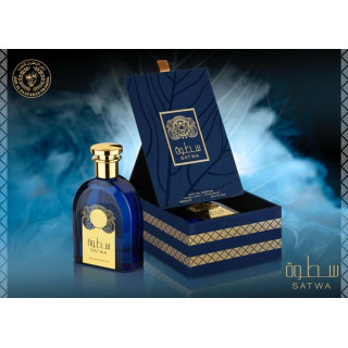 Lattafa Perfume Satwa EDP 100 ml — product and packaging; tight close-up; on a white background