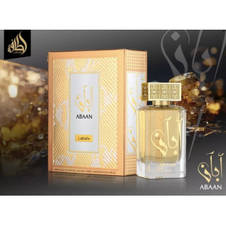 Lattafa Perfume Abaan EDP 100 ml — упаковка товара; очень крупный план; на белом фоне