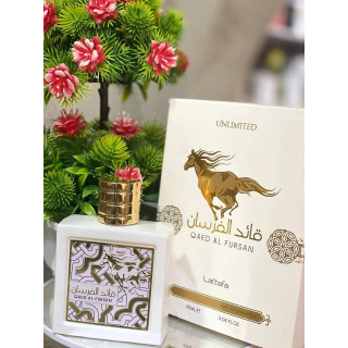 Lattafa Perfume Qaed Al Fursan Unlimited EDP 90 ml — produkt i opakowanie; zbliżenie; grafika informacyjna produktu