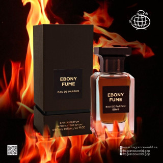 Fragrance World Ebony Fume EDP 80 ml — produkta skats; ļoti tuvs plāns; uz tumša fona