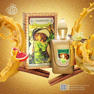 Fragrance World Casamorando Royale EDP 100 ml — product en verpakking; zeer nabije close-up; op een gekleurde achtergrond