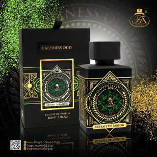 Fragrance World Happiness Oud Extrait de Parfum 80 ml — товар и упаковка; очень крупный план; на тёмном фоне