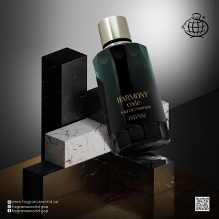 Fragrance World Harmony Code Intense EDP 100 ml — προϊόν σε στιλιζαρισμένο σκηνικό; κοντινή λήψη; σε ξύλινη επιφάνεια