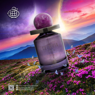 Celestia Viola EDP 100 ml — товар в стилизованной композиции; очень крупный план; на открытом воздухе; самый широкий кадр