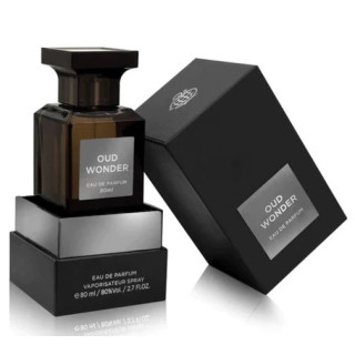 Fragrance World Oud Wonder EDP 80 ml — produkt a balení; detail; na bílém pozadí; nejbližší záběr