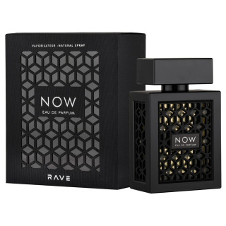 Lattafa Perfume Rave NOW EDP 100 ml — produkt og emballage; meget tæt nærbillede; på hvid baggrund