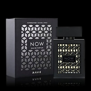 Lattafa Perfume Rave NOW EDP 100 ml — produktvisning; meget tæt nærbillede; på hvid baggrund