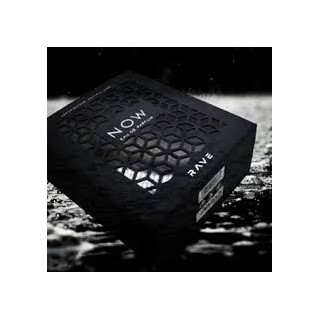 Lattafa Perfume Rave NOW EDP 100 ml — produkt og emballage; fuld komposition; på hvid baggrund
