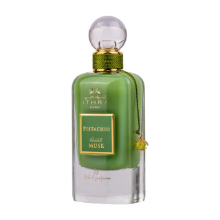 Lattafa Perfume Pistachio Musk EDP 100 ml — produkts no priekšpuses; tuvplāns; uz balta fona