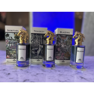 Tragedy EDP 100 ml — Produkt und Verpackung; sehr nahe Detailaufnahme; auf weißem Hintergrund; engster Bildausschnitt