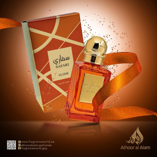 Fragrance World Safari Elixir EDP 90 ml — изображение товара; очень крупный план; на тёмном фоне; самый широкий кадр