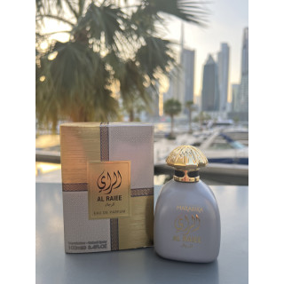 Al Raiee Silver EDP 100 ml — produto numa composição ambientada; grande plano muito aproximado; sobre fundo branco