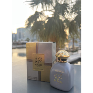 Fragrance World Al Raiee Silver EDP 100 ml — produto e embalagem; grande plano muito aproximado; sobre fundo branco
