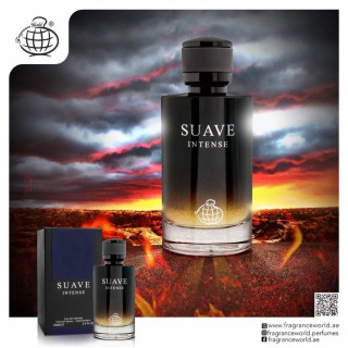 Fragrance World Suave Intense EDP 100 ml — produkt i en stiliseret opstilling; meget tæt nærbillede; udendørs