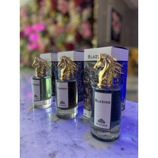 Fragrance World Blazing EDP 100 ml — товар и упаковка; очень крупный план; на белом фоне; более широкий кадр